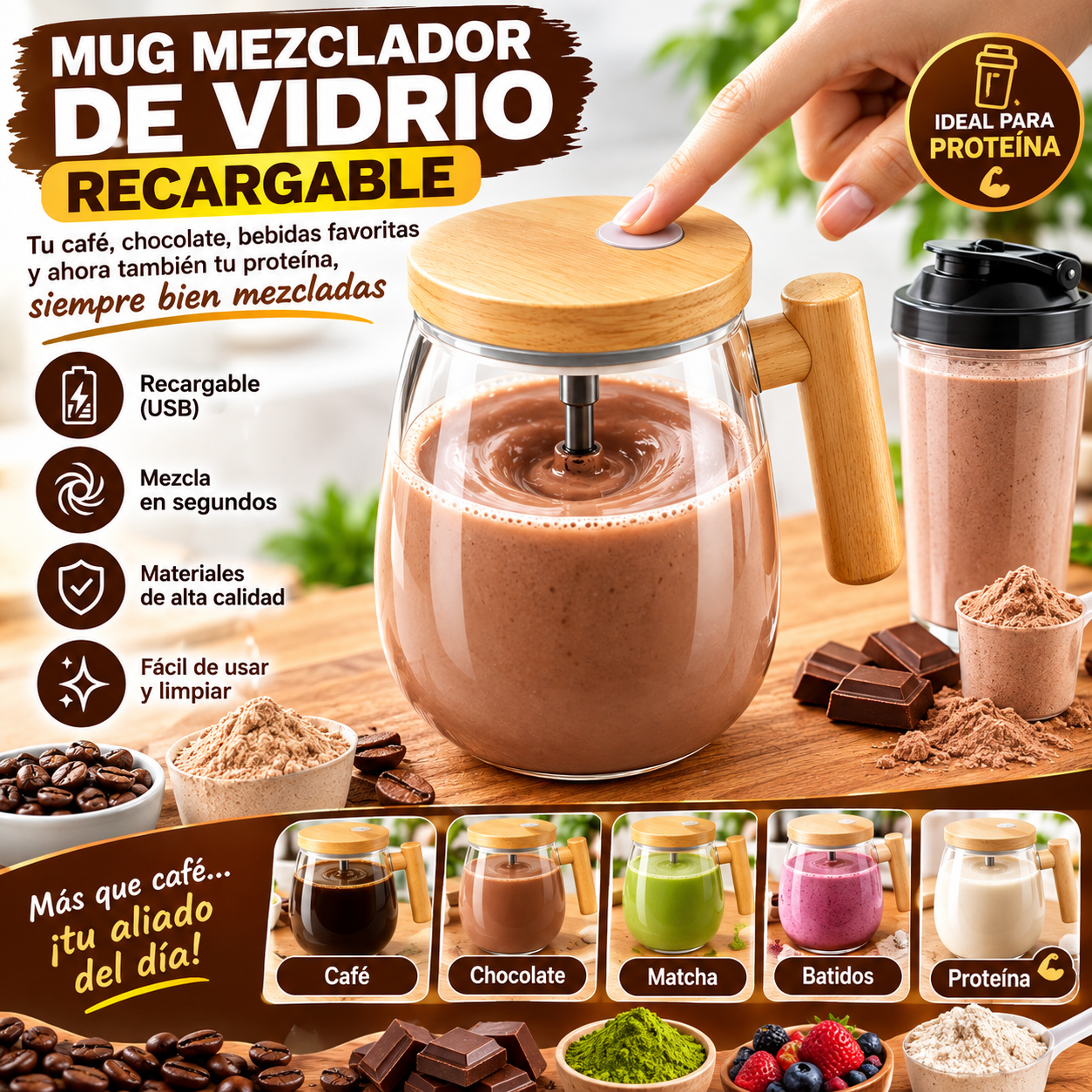 Mug Mezclador de Vidrio Recargable – Adiós a los Grumos: Mezcla Perfecta en Segundos