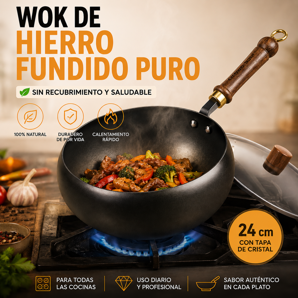 🔥Sartén Wok de Hierro Fundido Artesanal con Tapa de Cristal | Alta Durabilidad