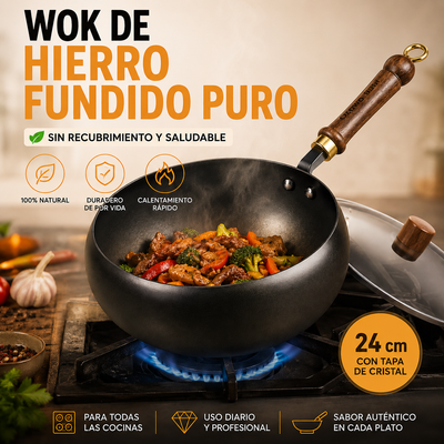 🔥Sartén Wok de Hierro Fundido Artesanal con Tapa de Cristal | Alta Durabilidad