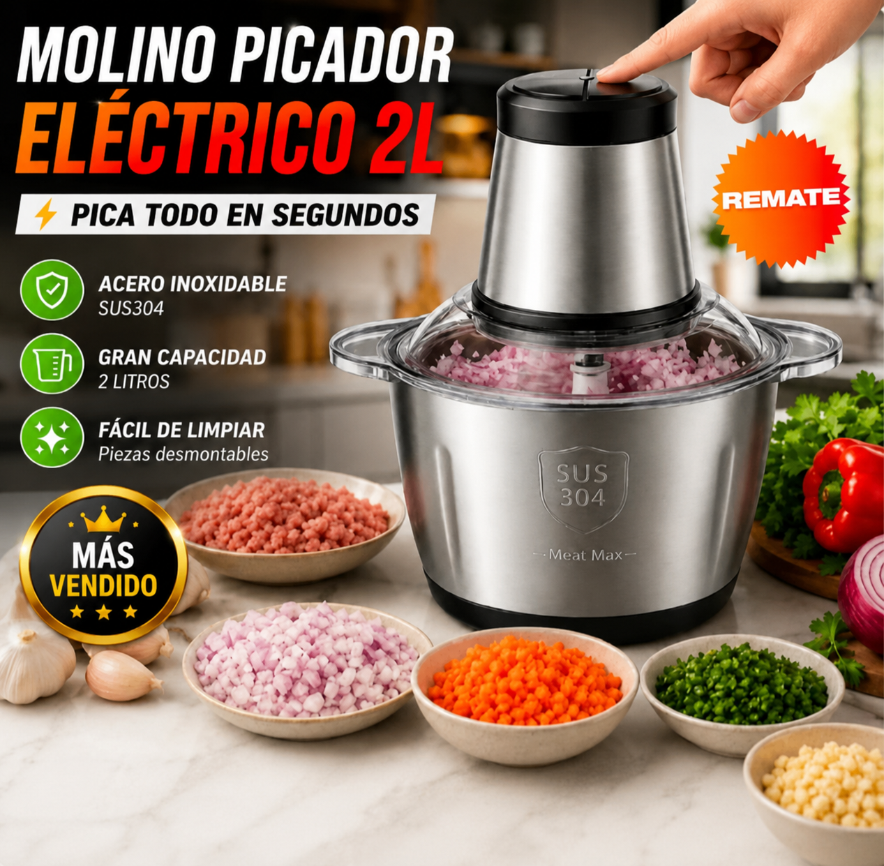 Molino Picador Eléctrico Acero Inoxidable 2 Litros – Pica y Muele en Segundos Sin Esfuerzo