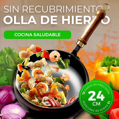 🔥Sartén Wok de Hierro Fundido Artesanal con Tapa de Cristal | Alta Durabilidad