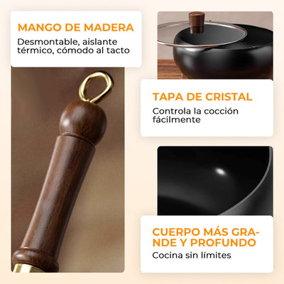 🔥Sartén Wok de Hierro Fundido Artesanal con Tapa de Cristal | Alta Durabilidad