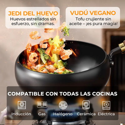 🔥Sartén Wok de Hierro Fundido Artesanal con Tapa de Cristal | Alta Durabilidad